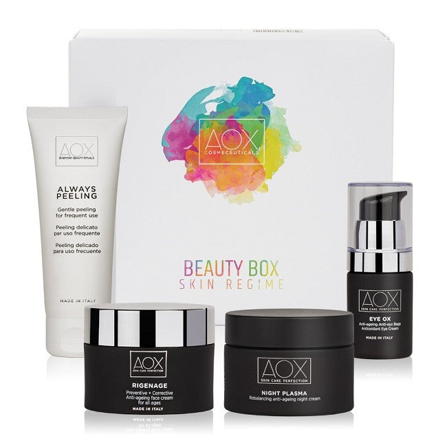 aox italia beauty box 2 skin regime 1 always peeling 75 ml 1 rigenage 50 ml 1 night plasma 50 ml 1 eye ox 15 ml ean 8052462910214
