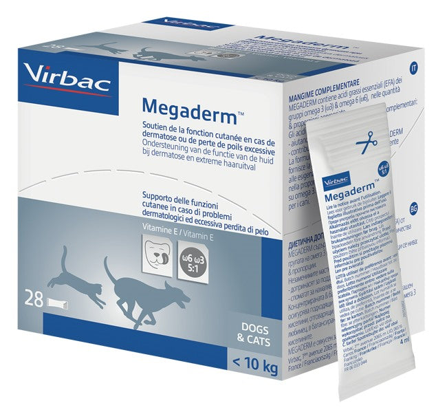 virbac megaderm supplemento gatti e cani inferiori a 10 kg scatola da 32 sacchetti monodose 4 ml virbac ean 3597133039566
