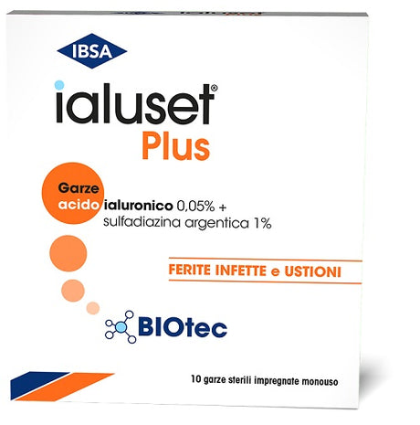ibsa farmaceutici garza ialuset plus impregnata di crema di acido ialuronico 005 di sulfadiazina argentica 1 macrogol glicerolo e acqua 10 x 10 cm 10 pezzi ialuset ean 8033638956960