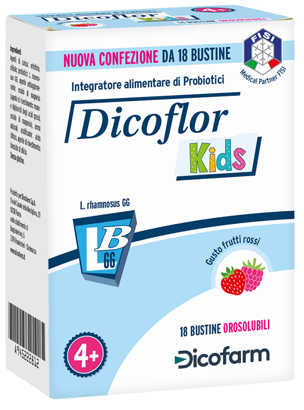 dicofarm dicoflor kids 18 bustine orosolubili gusto frutti rossi dicoflor