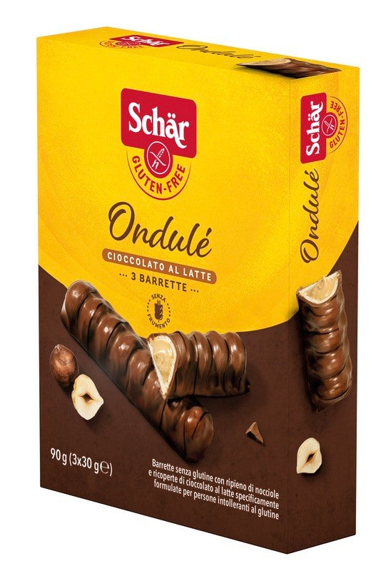 schar due schar ondule barrette con ripieno di nocciole ricoperte di cioccolato al latte 3 porzioni da 30 g schar ean 8008698026281