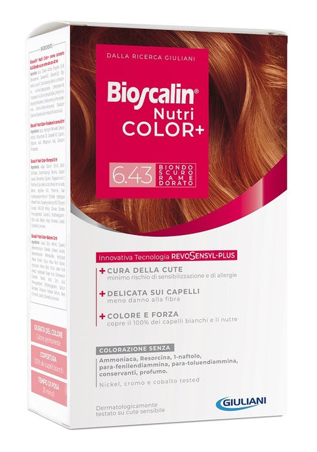 giuliani bioscalin nutricolor plus 643 biondo scuro rame dorato crema colorante 40 ml rivelatore crema 60 ml shampoo 12 ml trattamento finale balsamo 12 ml bioscalin