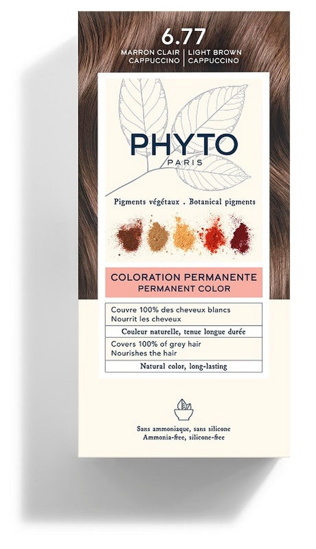 phyto lierac color kit 677 marrone chiaro cappuccino latte rivelatore 50 ml crema colorante 50 ml maschera protettiva colore 12 ml guanti phyto ean 3338221002389