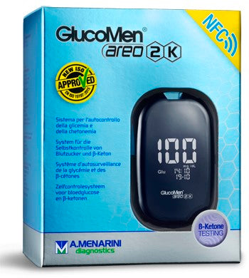 a menarini diagnostics glucometro glucomen areo 2k per automisurazione della glicemia da sangue intero capillare dimensione 855x56x182 mm peso 46 g glucomen