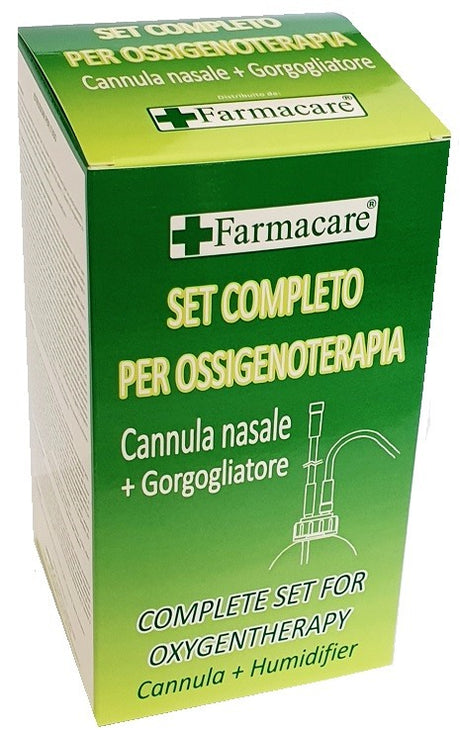 farmacare srl set per ossigenoterapia con sostegno a occhiale munito di tubo di collegamento flessibile antiotturamento ed un gorgogliatore per umidufucazione farmacare