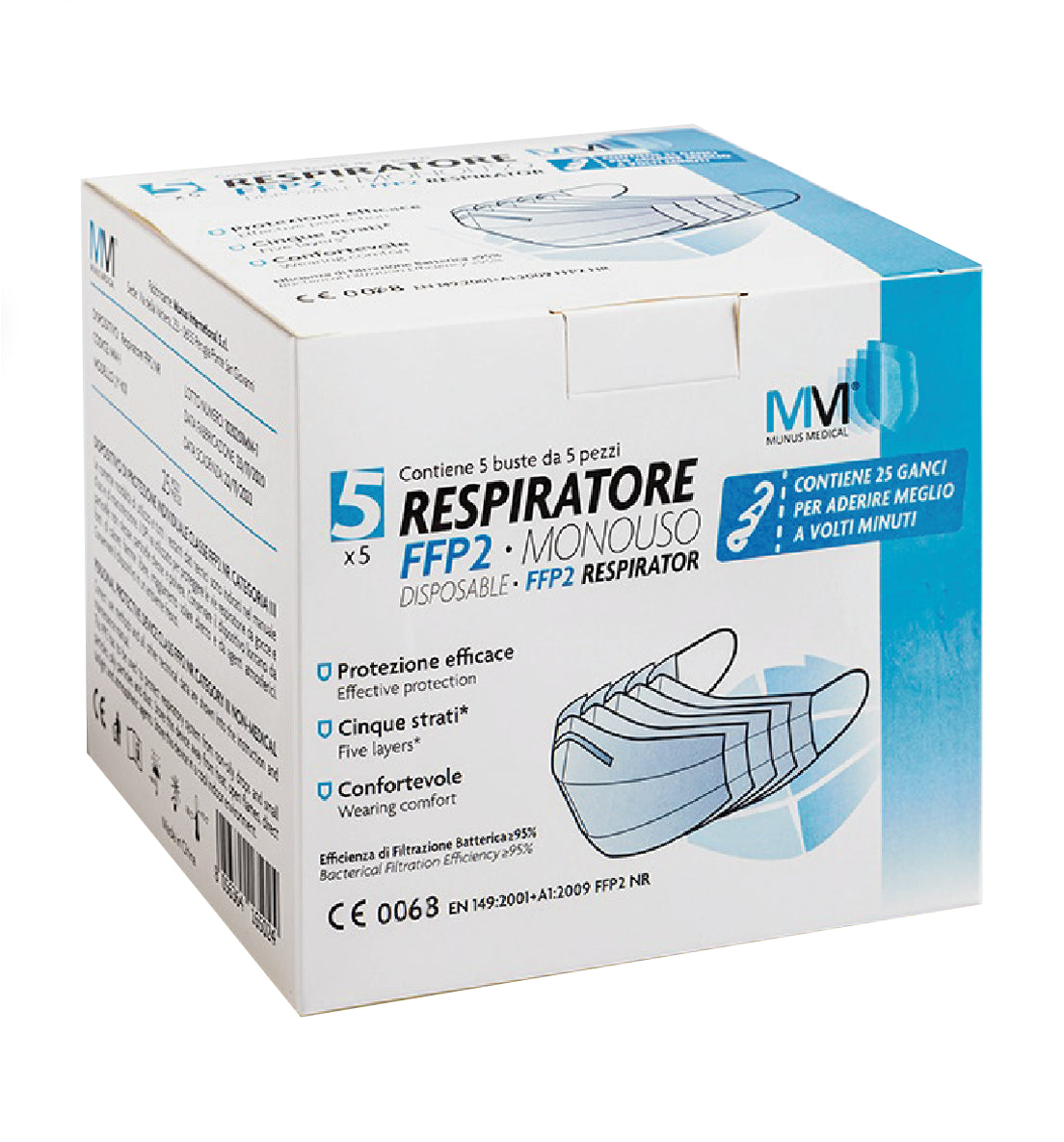 munus international munus med respiratore ffp2 classe iii gancio adattatore 5 buste da 5 pezzi munus ean 8056364165024
